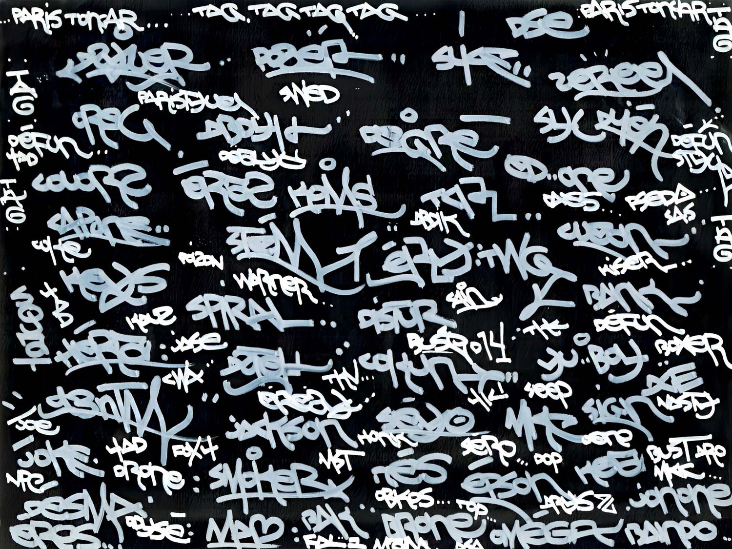 Created by the graffiti artist Defun, this page of tags from the first edition of Paris Tonkar was designed to show the work on letters in using the names of the main actors of this period (©Paris Tonkar).