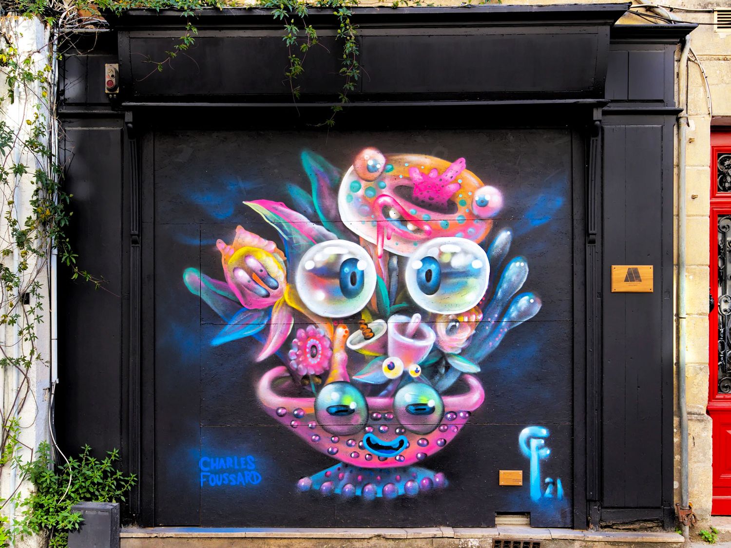 Aperçu d’une des dernières fresques murales réalisée par Charles Foussard sur une devanture de magasin dans les rues de Bordeaux. Rue du palais Gallien (photo de Stéphane ©Graf'In'Gironde).