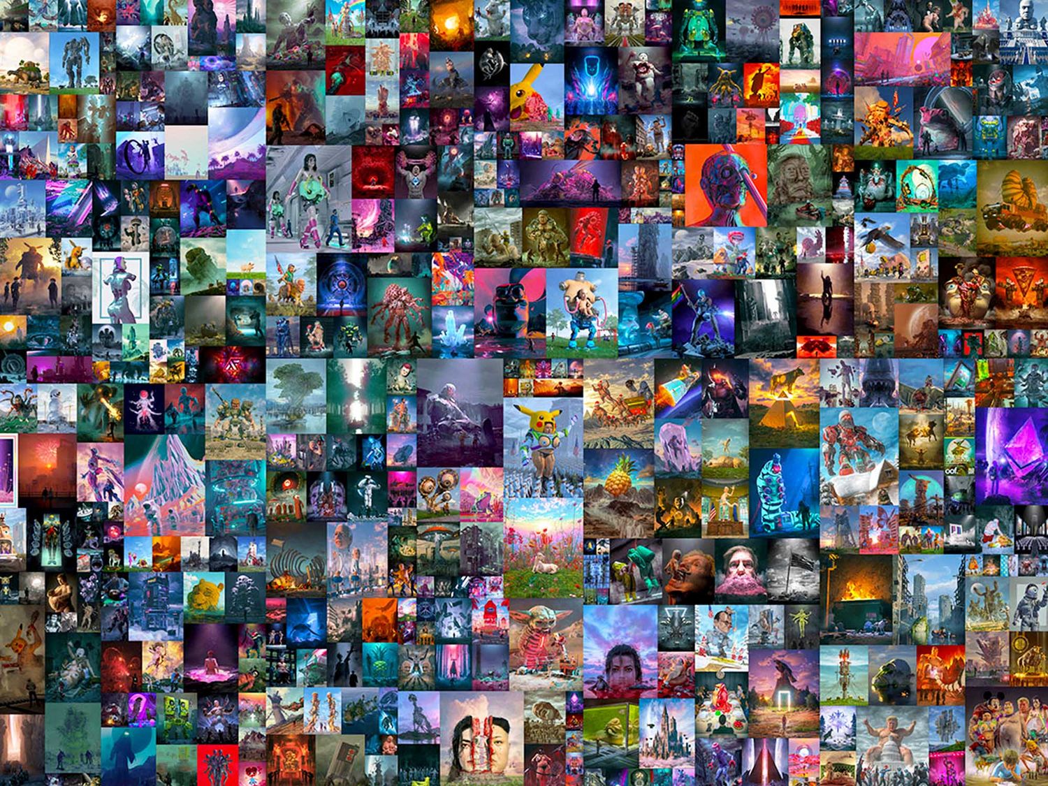 Zoom sur l’œuvre "Everydays: the First 5000 Days" de l’artiste Beeple qui fût la première œuvre vendue sous forme de NFT pour un montant de 69 milliards de dollars en 2021 (©Christies).
