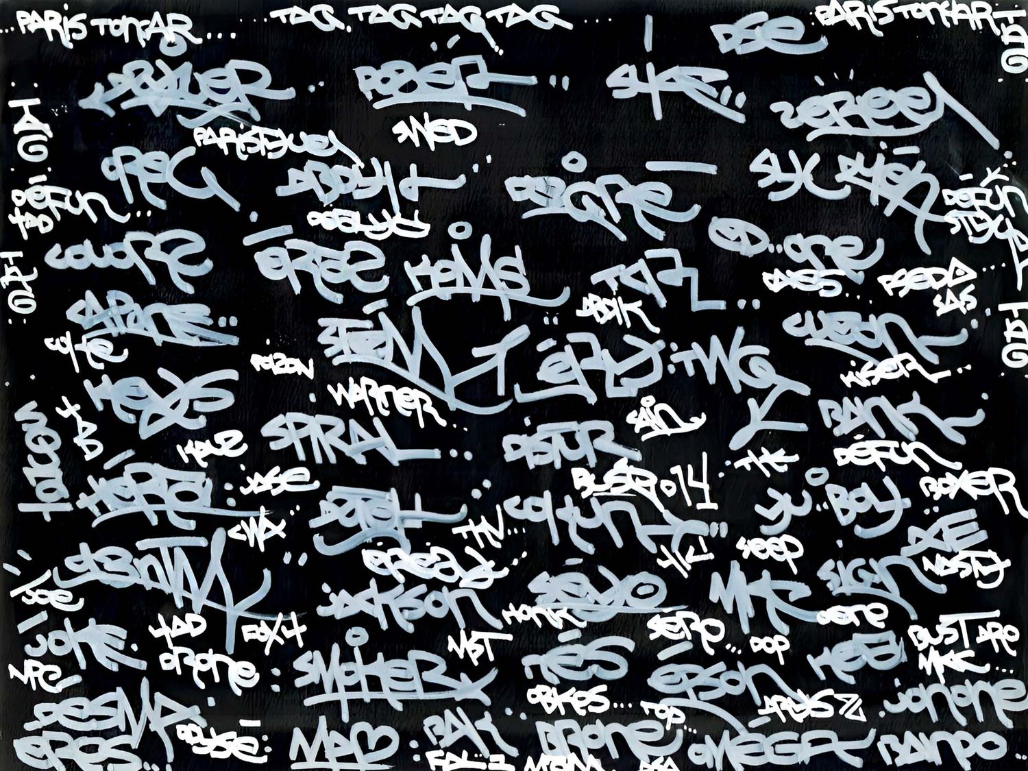 Réalisée par l’artiste graffeur Defun, cette page de tags issue de la première édition de Paris Tonkar avait pour objectif de montrer le travail de la lettre en utilisant le nom des acteurs de l’époque (©Paris Tonkar).