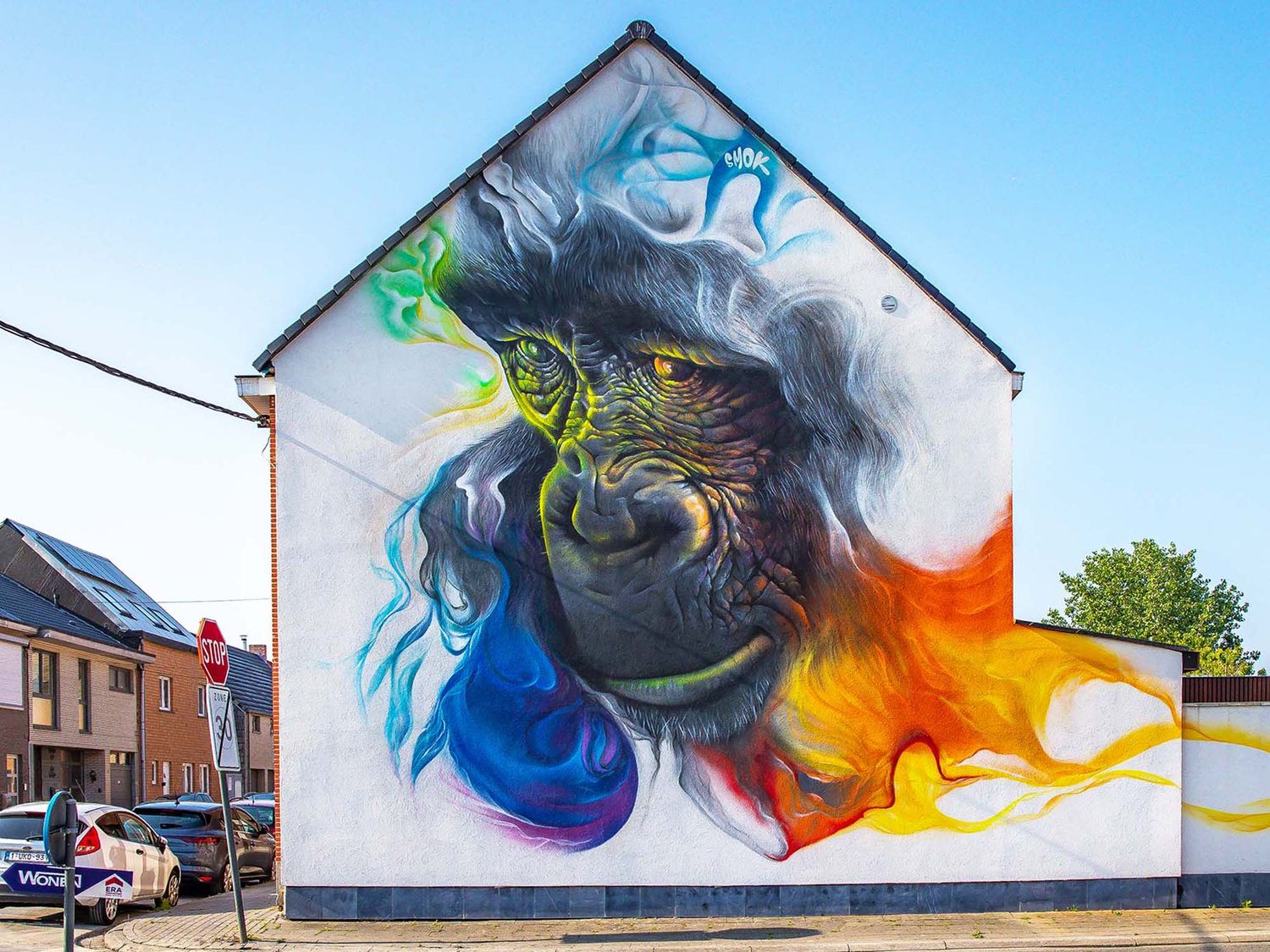 Smok a conçu cette fresque pour qu'elle interagisse avec le passage piéton, le gorille regardant les passants d'un air attendri et soulignant la fragilité de la vie (©Dylan Van der Jeught).